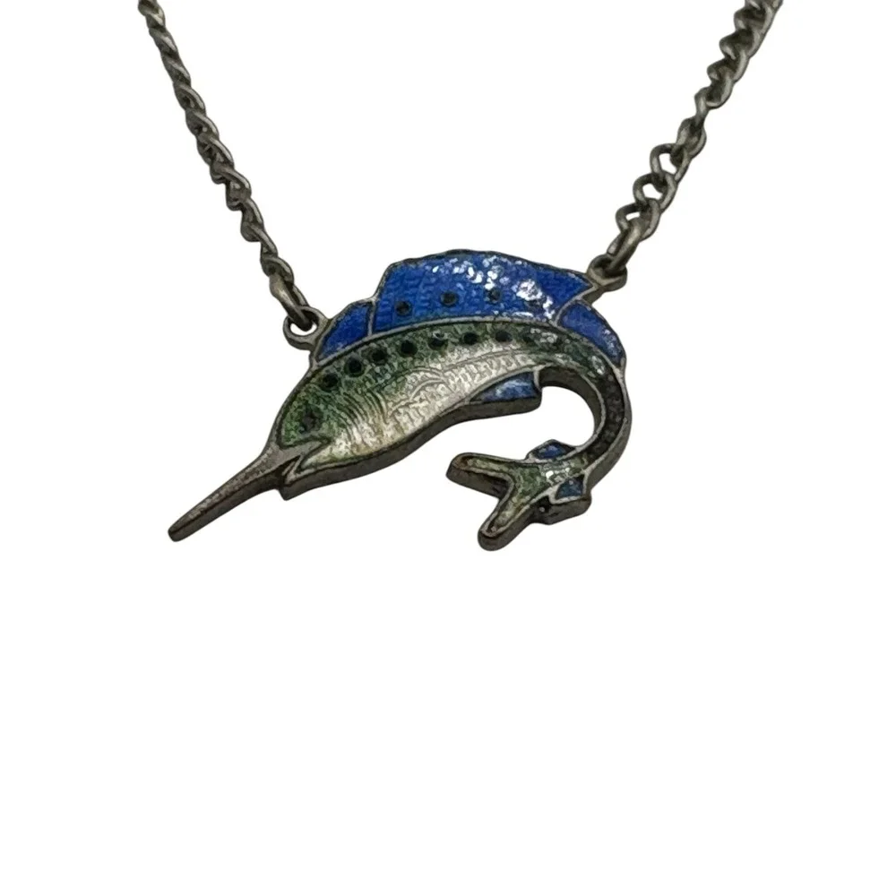 Vintage Tie Bar Clip Enamel‎ Swordfish Silver Tone Dangle Chain Nautical Fish